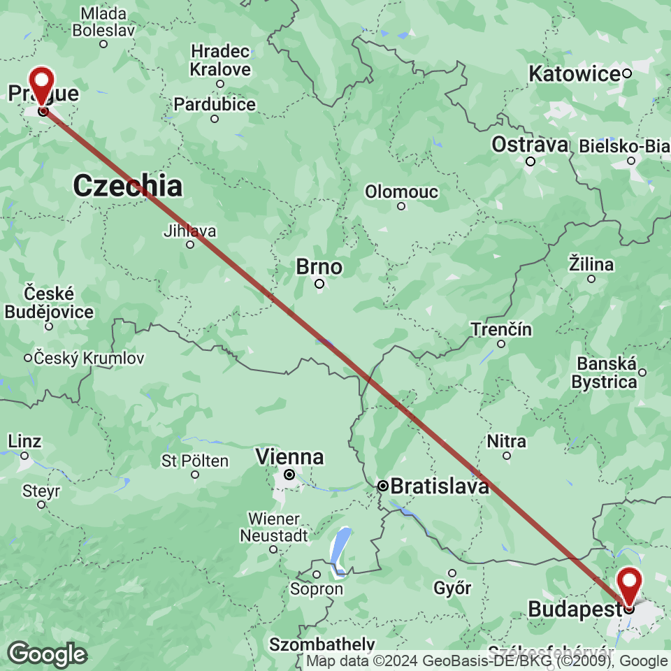 Route for Prague, Budapest tour